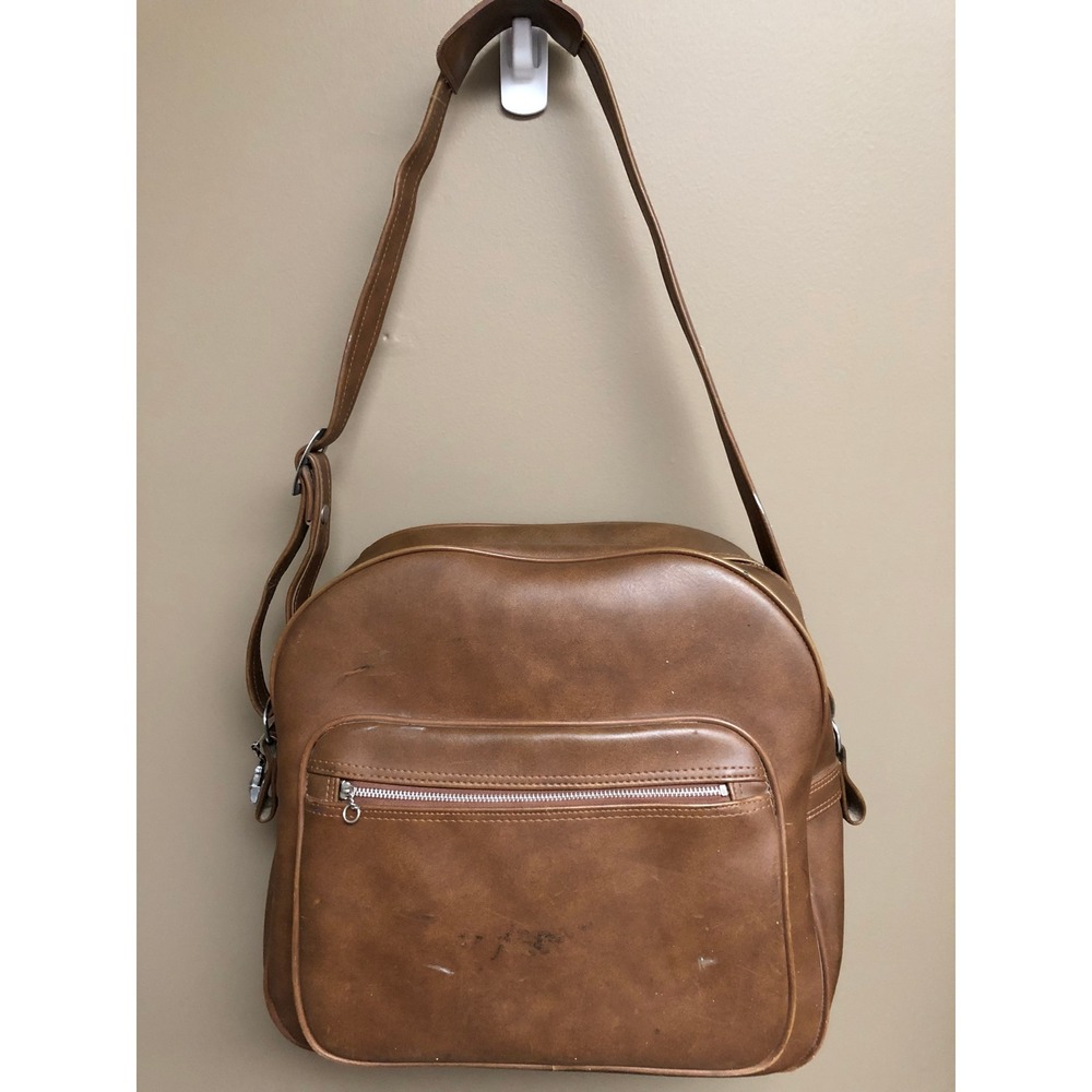 Vintage 1970s Brown Vinyl Flight Bag Carry On Travel Tote Crossbody YKK Zipper